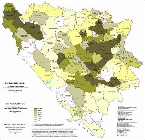 Podíl Bosňáků v Bosně a Hercegovině podle obcí v roce 2013