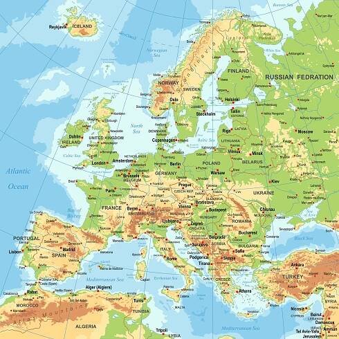Magnetická mapa Evropy, geografická, barevná