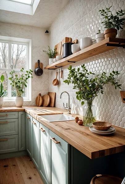 a kitchen with green cabinets and wooden counter tops, plants in pots on the shelves
