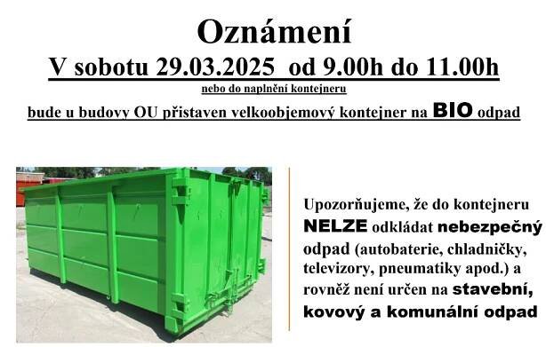 Velkoobjemový kontejner na BIO odpad v sobotu 29.03.2025 od 9.00h do 11.00h u budovy OÚ – obec Doubek