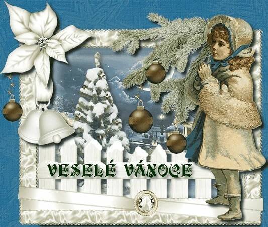 a christmas card with a woman holding a child in front of a fence and snow covered trees