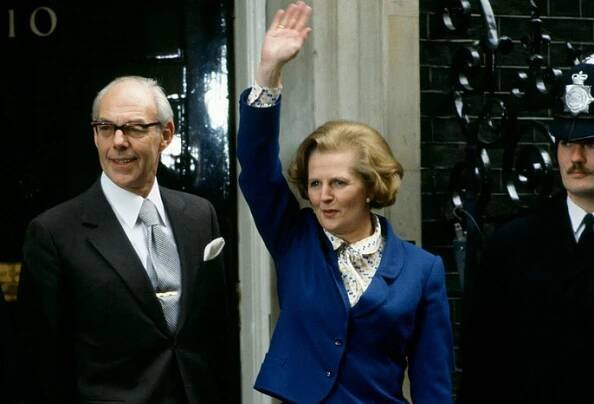 Prime Minister Margaret Thatcher, with husband Denis Thatcher, following her election victory on 4 May 1979. (Photo by Tim Graham/Getty Images)
