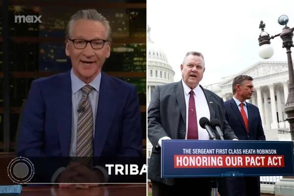 Bill Maher and a man in front of a podium that says "Honoring our pact act"