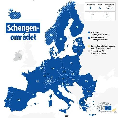Karta över Schengen-området.