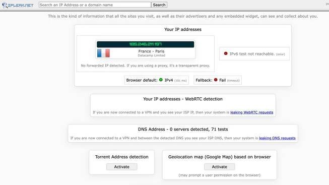 IP address detection page showing France as location, IPv6 test unreachable, and options for Torrent and Geolocation map activation. DNS and WebRTC detection information included.