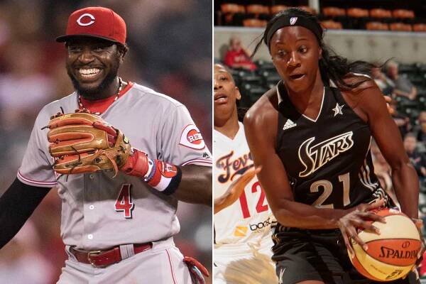 Brandon Phillips during the eighth inning of the game against the Los Angeles Angels of Anaheim at Angel Stadium of Anaheim on August 29, 2016. ; Porsha Phillips uring the preseason game between the San Antonio Silver Stars and the Indiana Fever at Banker Life Fieldhouse on May 9, 2012 in Indianapolis, Indiana. 