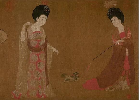 Two court ladies play with a dog (detail), attributed to Zhou Fang (active late 8th–early 9th century), Ladies Wearing Flowers in Their Hair, handscroll, ink and color on silk, 46 x 180 cm (Liaoning Provincial Museum, Shenyang province, China)