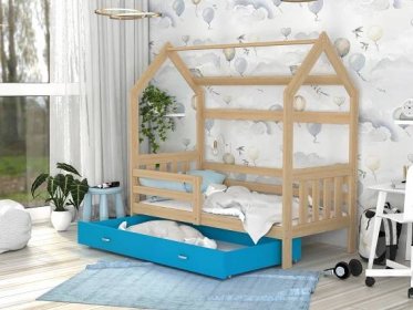 Dětská postel DOMEK SE ZÁBRANOU - přírodní/modrá