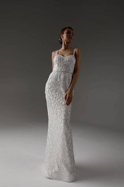 Felicity gown, 2021, couture, dress, bridal, off-white, embroidery, sheath silhouette