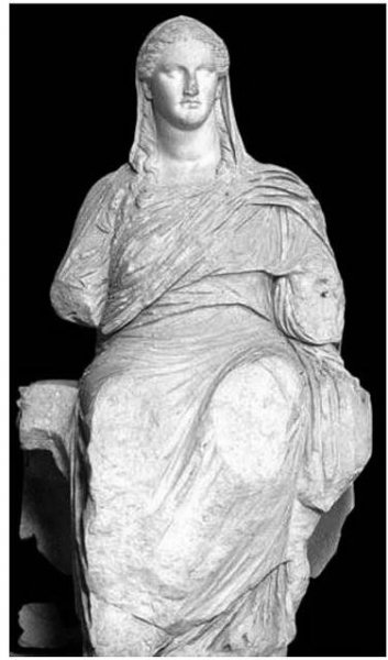 Fig. 4. The marble statue of Demeter of Knidos, British Museum inv. n.° 1859, 1226.26 (Sc. 1300), 350-340 BC.  (https://www. britishmuseum.org/collection/object/G_ Museum number 1859-1226-26).  SERA Wrens Shenae raat a aa al Ameen J ee  preserved. 11 this was not raised 1n an undetermined (https: itorwrw: britishmuseum. org/collection/object/G_ . . Museum number 1859-1226-26). gesture®, the kind of object that the figure was  holding cannot be defined. Perhaps it was a smal ritual vessel, a Aylichnis or libanotris, namely a cylindrical box where incense was stored and used in re ligious rituals in private and public cult. Could, therefore, the reconstruction of a /ibanotris in the hand o the figurine lead to the interpretation of the figure, which freely repeats an iconographic type of Demeter, as a priestess dedicated to the Eleusinian cult?**. I believe that this interpretation can be supported by epi- graphic testimonies that prove the engagement of women in the worship of Demeter at the sanctuaries of Lete and Dion*®. Furthermore, there are depictions of priestesses who carry this utensil and throw incense  