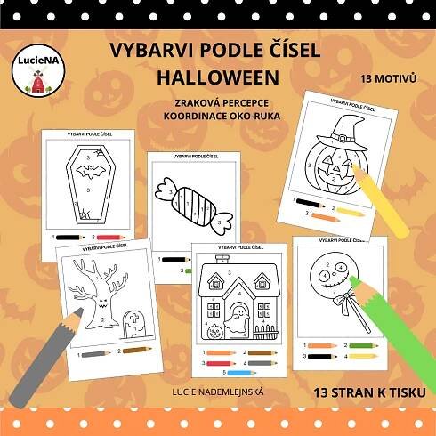 Pracovní list černobílý Vybarvi podle čísel -HALLOWEEN