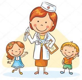 Stáhnout - Kreslený doktor s šťastné děti, chlapec a dívka, žádné přechody — Ilustrace