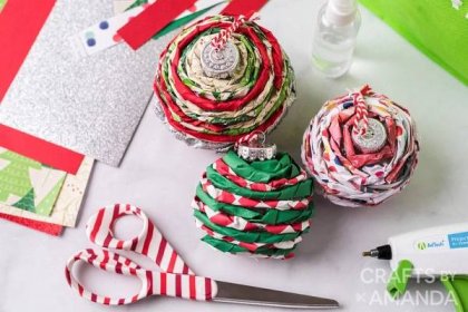 3 twisted paper ornaments with supplies