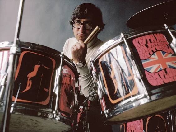 Art Kane sitting at Who's Keith Moon's drums 