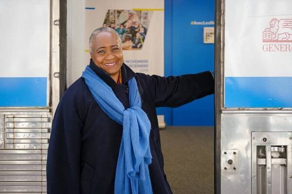 Singer Barbara Hendricks visits UNHCR Solidarity Train in Geneva as it arrives at the end of its journey, in Geneva, Switzerland.