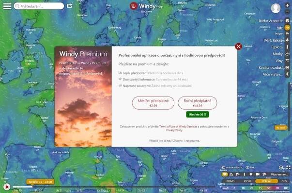 Lepší předpovědi za peníze. Česká meteomapa Windy.com zavádí předplatné
