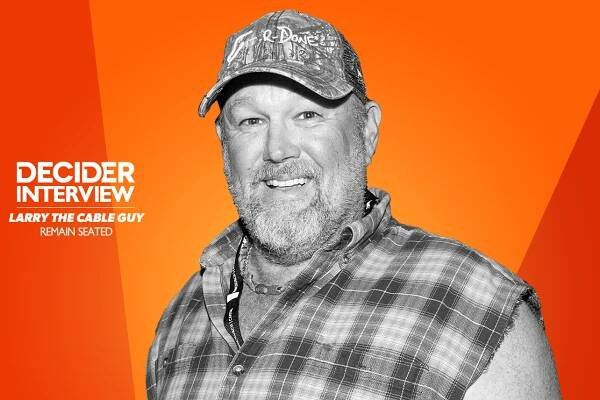 larry the cable guy in black and white on a bright orange background