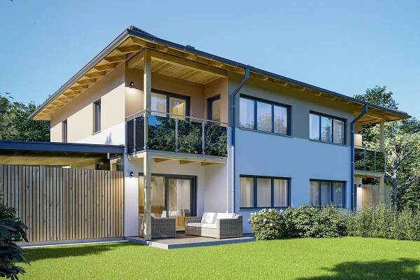 Moderne Doppelhaushälfte von WOLF Haus mit Balkon, großen Fenstern und einem gepflegten Garten, ideal für flexible Wohnlösungen.
