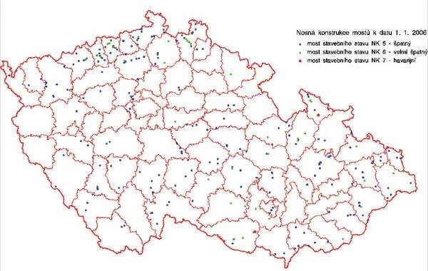 Mapa 1. Dálnice a silnice I. třídy - celkem 286 mostů 