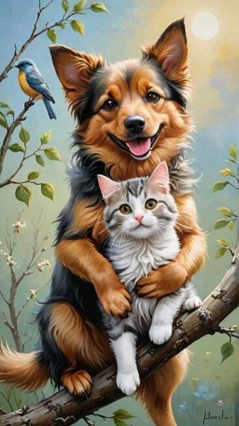 a painting of a dog and cat sitting on a tree branch with a bird in the background