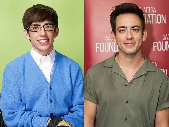 "Glee" actor Kevin Mchale in character and a photo of him looking older and wearing a green shirt.