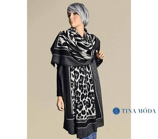 dlouha kasmirova sala cerna bila leopard zebra vzor zvireci srsti vlnena tepla sala black white tina moda hedvabny svet 04302 (7)