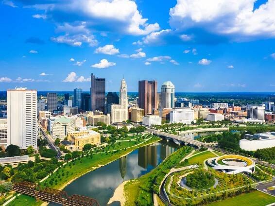 Aerial view of Downtown Columbus, Ohio, with Scioto River.