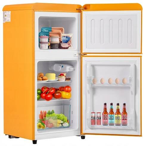Retro lednice s mrazákem, 88,8 cm, 60 l, 22 l, 102 kWh/rok, LED, žlutá [E]