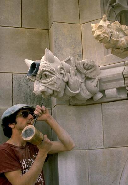 Carving the Crooked Politician at the National Cathedral. 