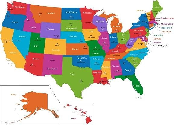 Stáhnout - Barevná mapa usa státy a hlavní města — Ilustrace