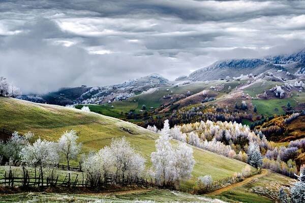 the frosted countryside in Pestera, Romania