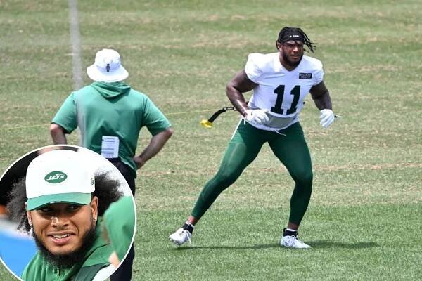 An image collage containing 2 images, Image 1 shows Jets linebacker Jermaine Johnson (11) at minicamp, Image 2 shows Jets linebacker Jermaine Johnson on the bench