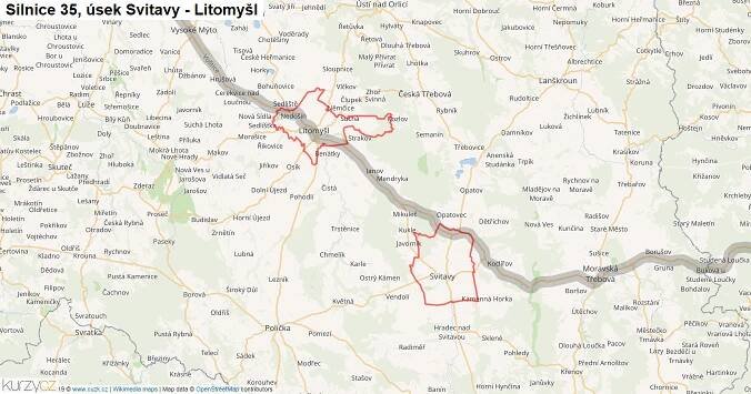 Úsek Svitavy - Litomyšl, Silnice 35 - Mapa