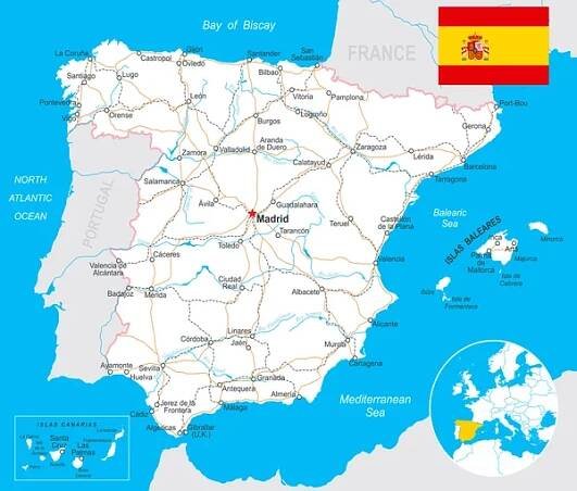 Španělsko - mapa, vlajka, navigační štítky, silnice - ilustrace — Ilustrace
