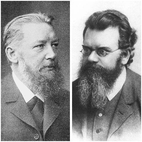 Au sujet de l’irréversibilité des phénomènes deux visions s'affrontent : celle de Wilhelm Ostwald (image à g.) et celle de Ludwig Boltzmann (image à dr.)