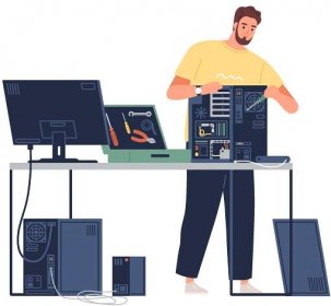 Vector sysadmin repairing computer. technician mending pc hardware. repairman working with system unit and tools. colored flat vector illustration of technical specialist isolated on white background.