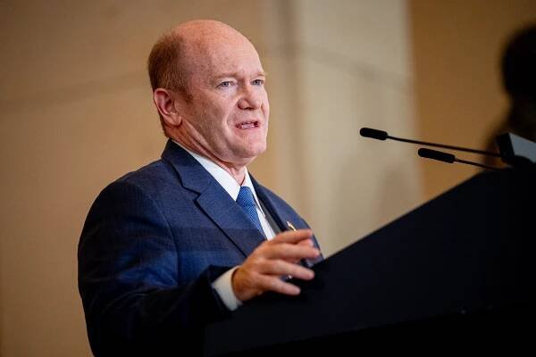WASHINGTON, DC - SEPTEMBER 18: Sen. Chris Coons (D-DE) speaks during a Congressional Gold Medal ceremony on Capitol Hill on September 18, 2024 in Washington, DC. The Congressional Gold Medal was presented to family members of Katherine Johnson, Dorothy Vaughan, Mary Jackson, and Christine Darden, as well as a medal to all the 