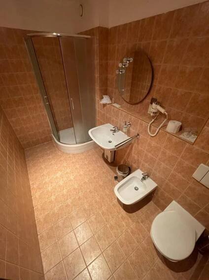 a bathroom with a toilet and a sink and a shower at Hotel Bravo in Česká Třebová