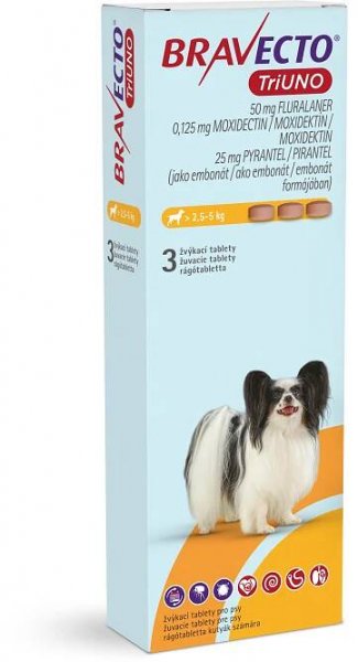 BRAVECTO TriUNO žvýkací tablety pro psy XS (> 2,5-5 kg) ⋆ CYMEDICA – partner pro veterinární profesionály