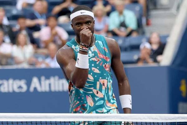 Frances Tiafoe celebrates winning a point while competing in round 4 of the 2023 U.S. Open
