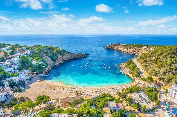 Aerial view of Cala Saladeta beach in Ibiza, Spain.