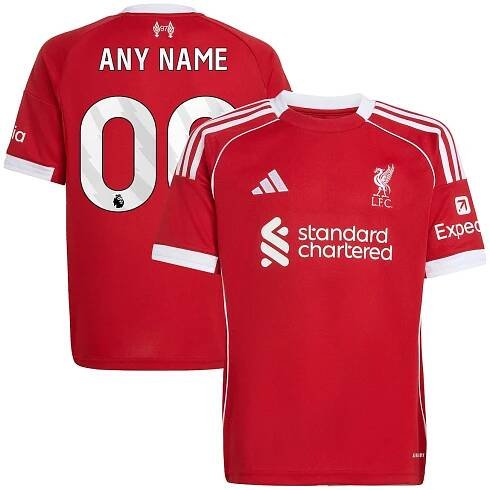 Liverpool adidas Home Shirt 2025-26 - Kids with Ekitike 22 printing