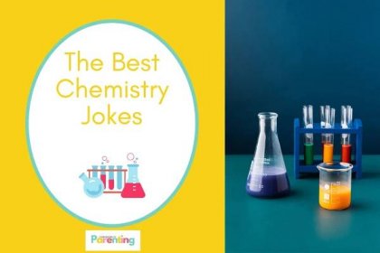 laboratory aparatus on half the image with a yellow background on the left with a white oval with a teal border with a image of a science laboratory tools yellow writing "the best chemistry jokes"