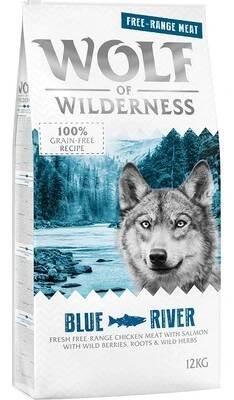 Krmivo pro psa 12kg Wolf of Wilderness Adult „Blue River“ – kuře z volného chovu a losos