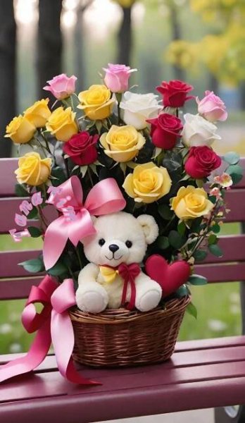 a teddy bear sitting on top of a wooden bench next to a basket filled with roses