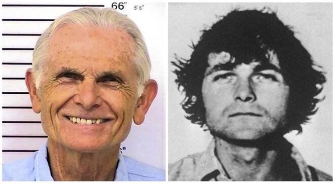 Bruce Davis smiles in a shot take in prison against a height measure (left) and is unsmiling in a black and white picture as a younger man (right)