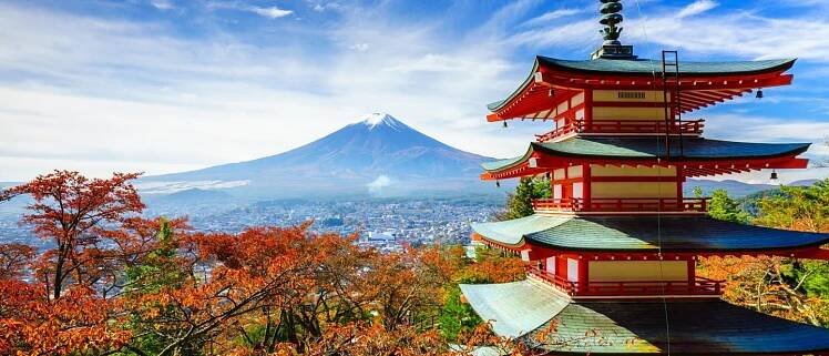 Mt. Fuji with red pagoda in autumn, Fujiyoshida, Japan