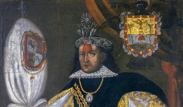 Sitter wearing the mascaypacha (detail), Portrait of Don Marcos Chiguan Topa, c. 1740–45, oil on canvas, 199 x 130 cm (Museo Inka, Cuzco)