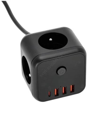 Prodlužovací kabel kostka s vypínačem LINEA 3x230V + 4xUSB A/C černá
