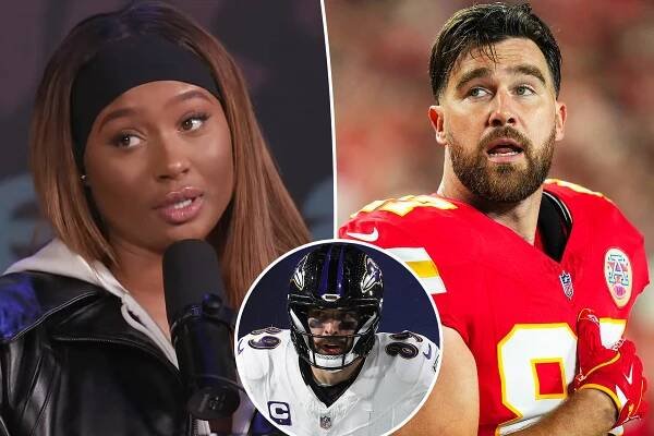 Kayla Nicole split image with Travis Kelce inset with Mark Andrews.